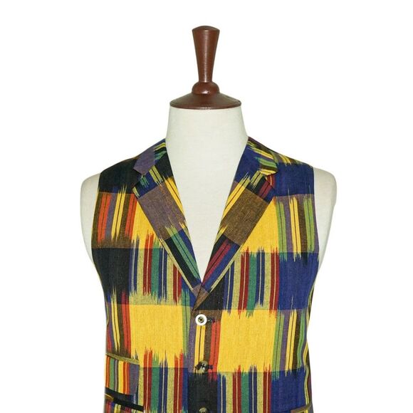 Mens Vest 46R Ikat Plaid Multicolor Cotton Waistcoat Western Preppy Casual Party - Picture 3 of 8